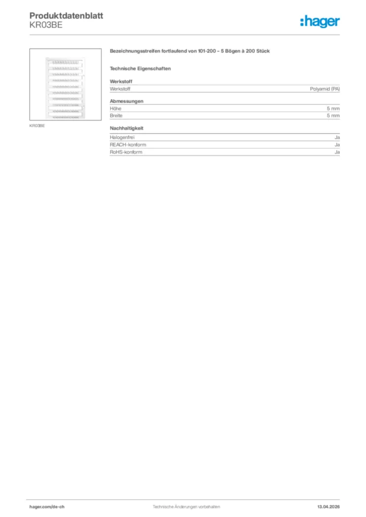 Bild Hager Produktdatenblatt KR03BE | Hager Schweiz