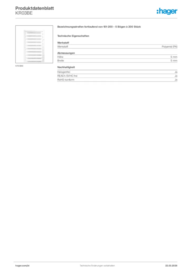 Bild Hager Produktdatenblatt KR03BE | Hager Deutschland