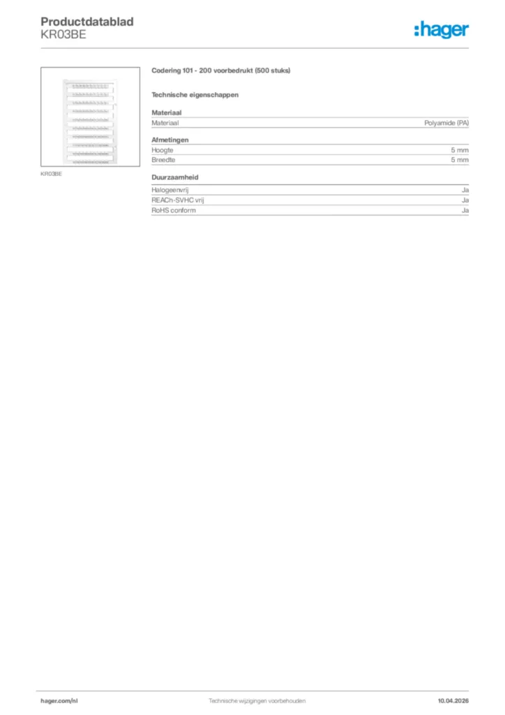 Afbeelding Hager Productdatablad KR03BE | Hager Nederland
