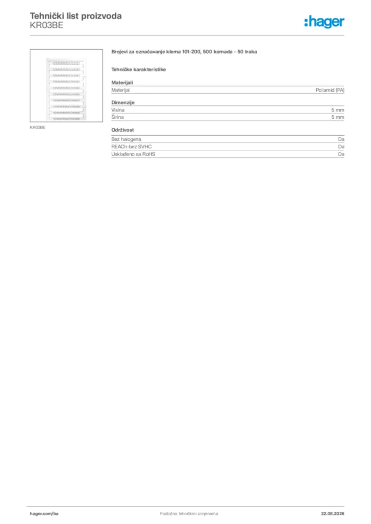 Slika Hager Tehnički list proizvoda KR03BE  | Hager