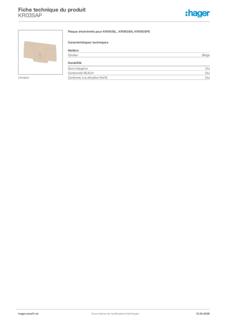 Image Hager Fiche technique du produit KR03SAP | Hager Suisse