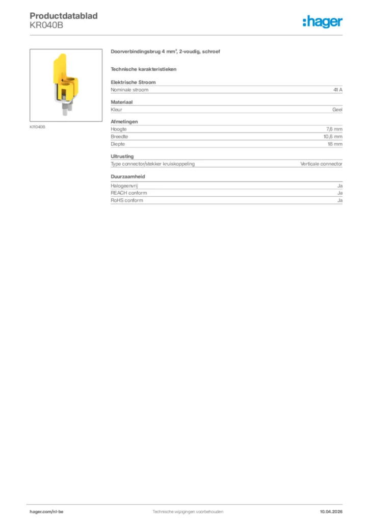 Afbeelding Hager Productdatablad KR040B | Hager Belgium