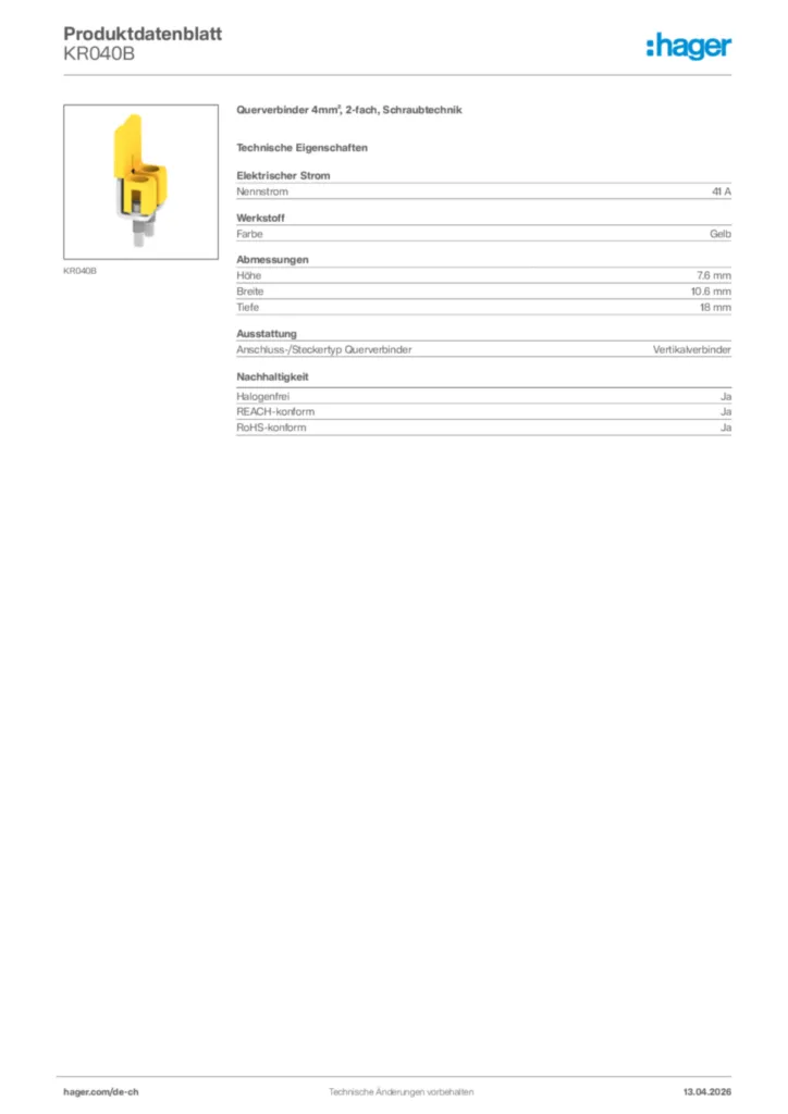 Bild Hager Produktdatenblatt KR040B | Hager Schweiz