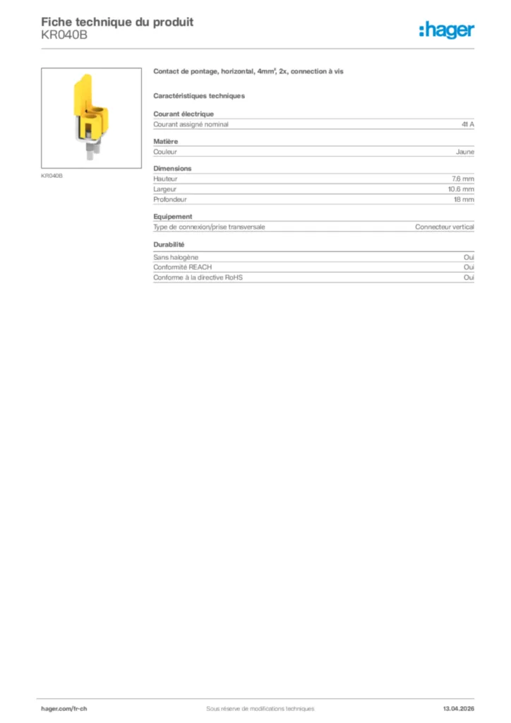 Image Hager Fiche technique du produit KR040B | Hager Suisse