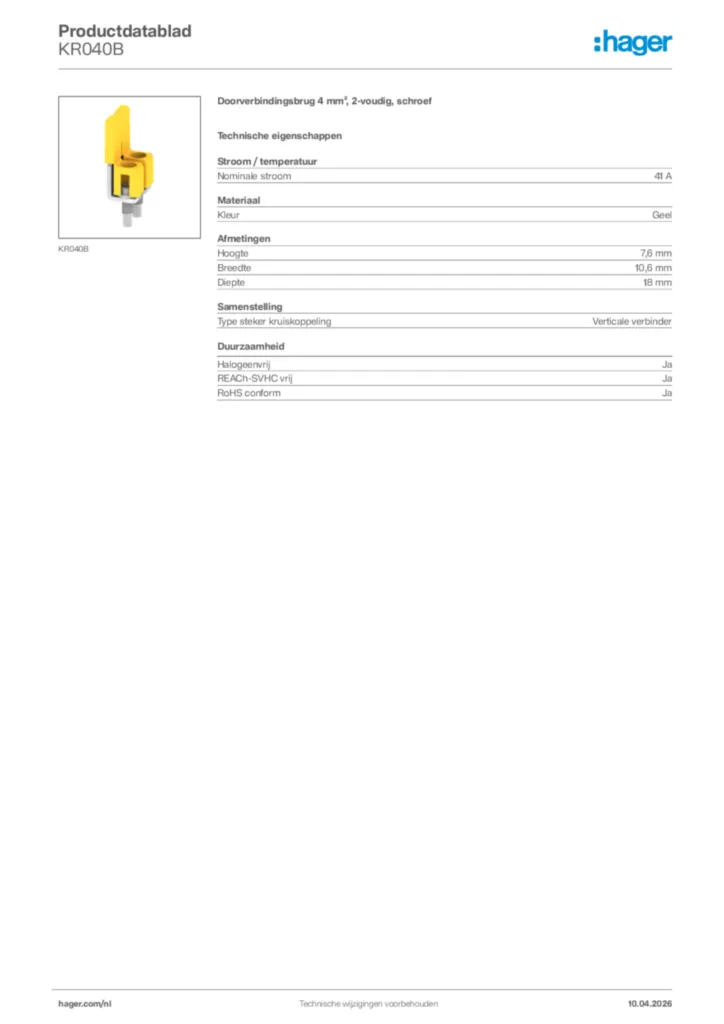 Afbeelding Hager Productdatablad KR040B | Hager Nederland