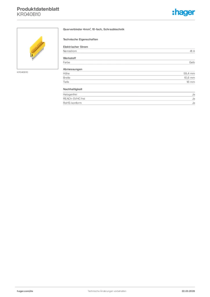 Bild Hager Produktdatenblatt KR040B10 | Hager Deutschland