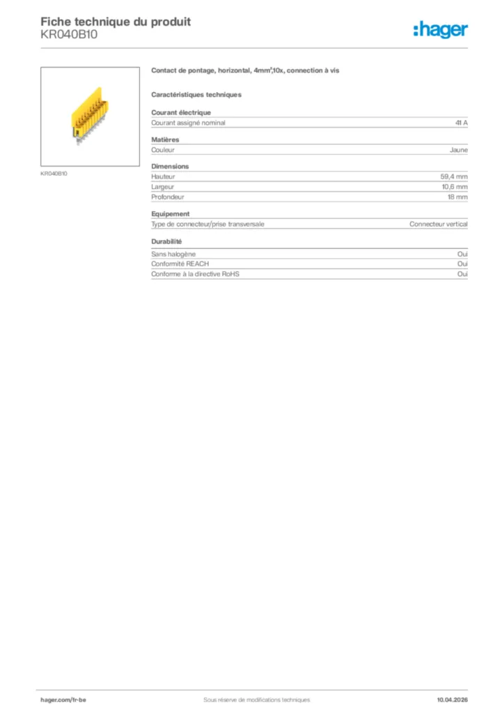 Image Hager Fiche technique du produit KR040B10 | Hager Belgique