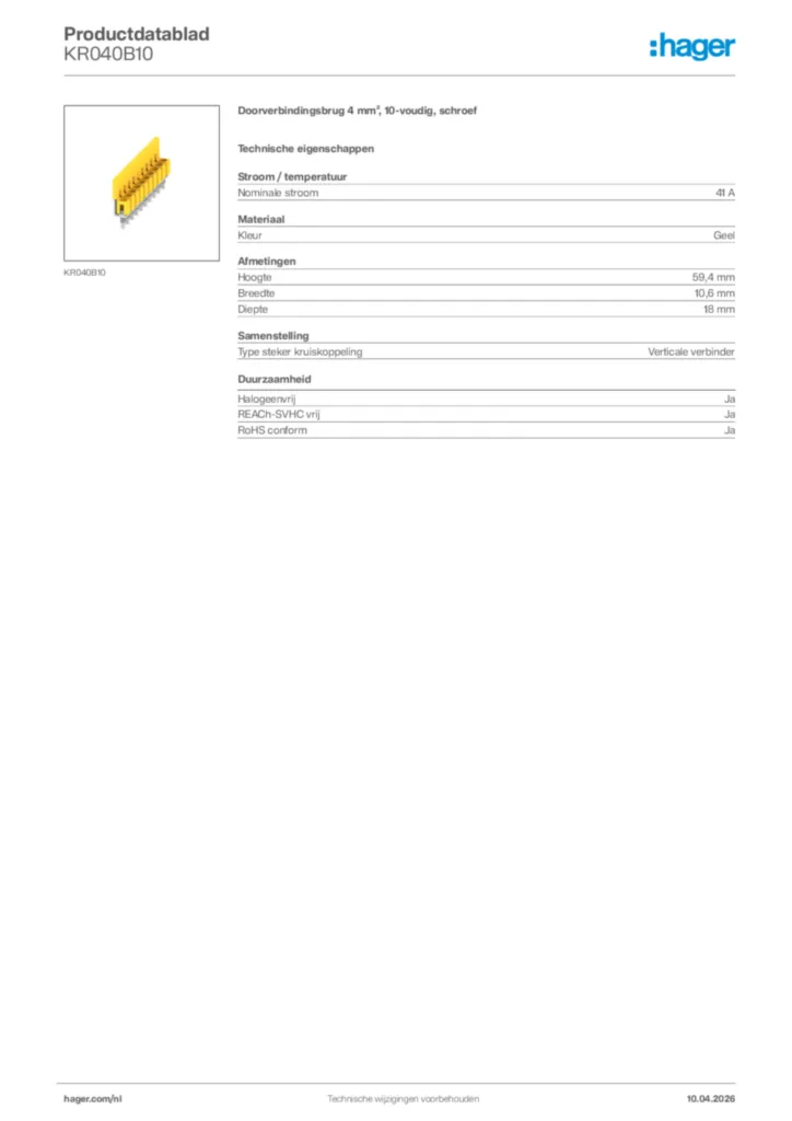 Afbeelding Hager Productdatablad KR040B10 | Hager Nederland