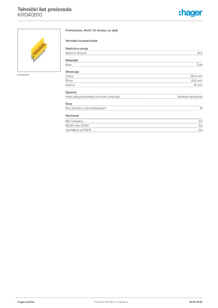 Slika Hager Tehnički list proizvoda KR040B10  | Hager