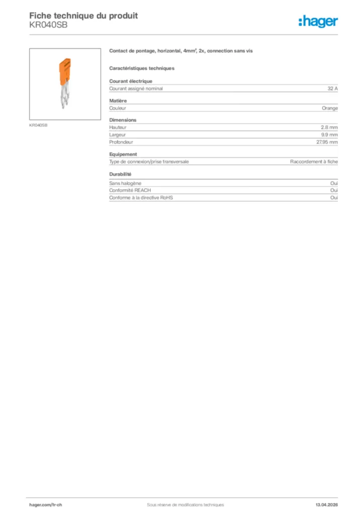 Image Hager Fiche technique du produit KR040SB | Hager Suisse