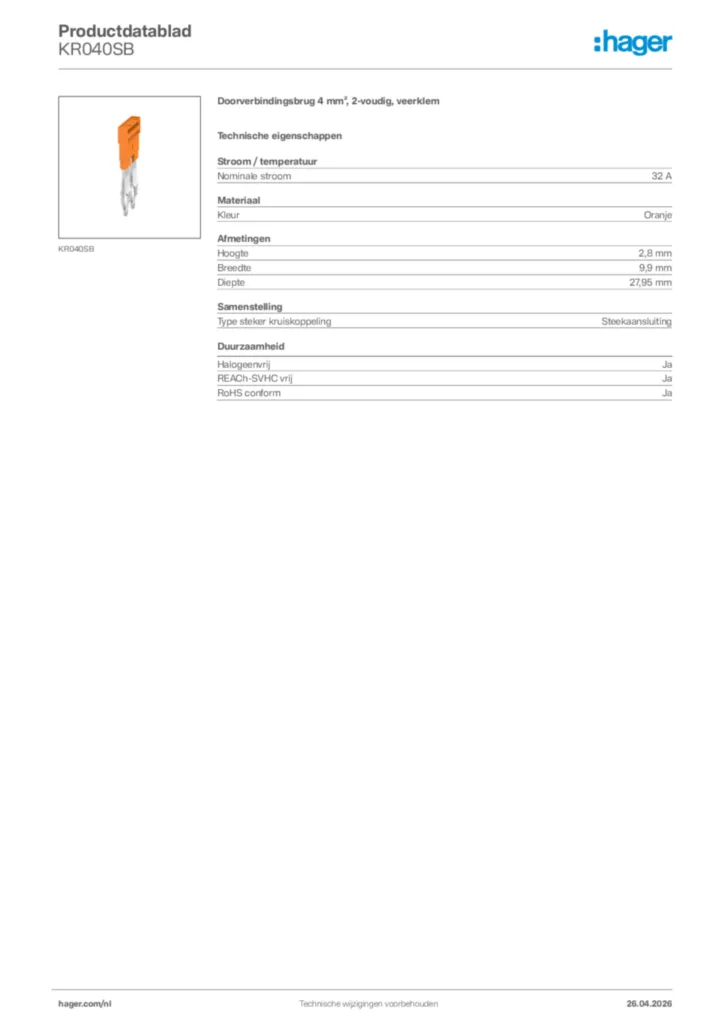 Afbeelding Hager Productdatablad KR040SB | Hager Nederland