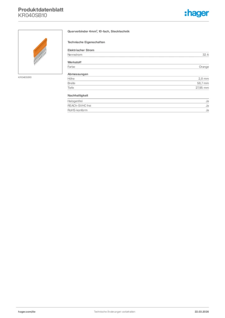 Bild Hager Produktdatenblatt KR040SB10 | Hager Deutschland