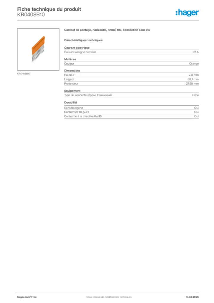 Image Hager Fiche technique du produit KR040SB10 | Hager Belgique