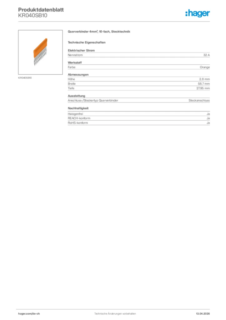 Bild Hager Produktdatenblatt KR040SB10 | Hager Schweiz