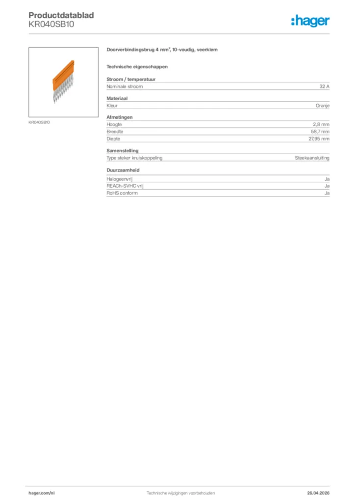 Afbeelding Hager Productdatablad KR040SB10 | Hager Nederland