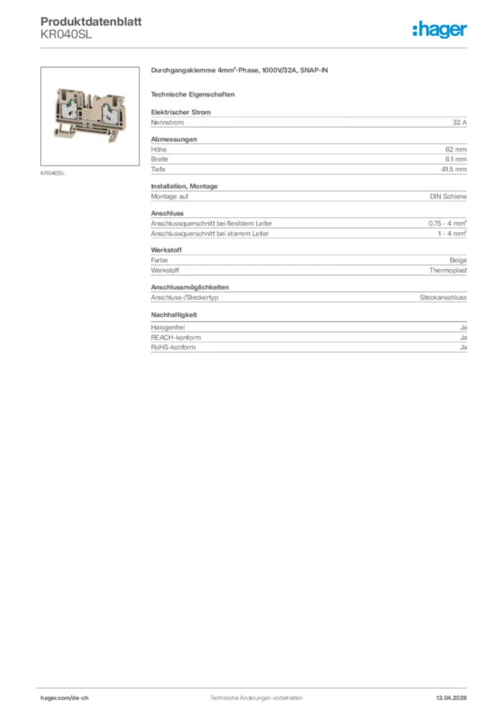 Bild Hager Produktdatenblatt KR040SL | Hager Schweiz