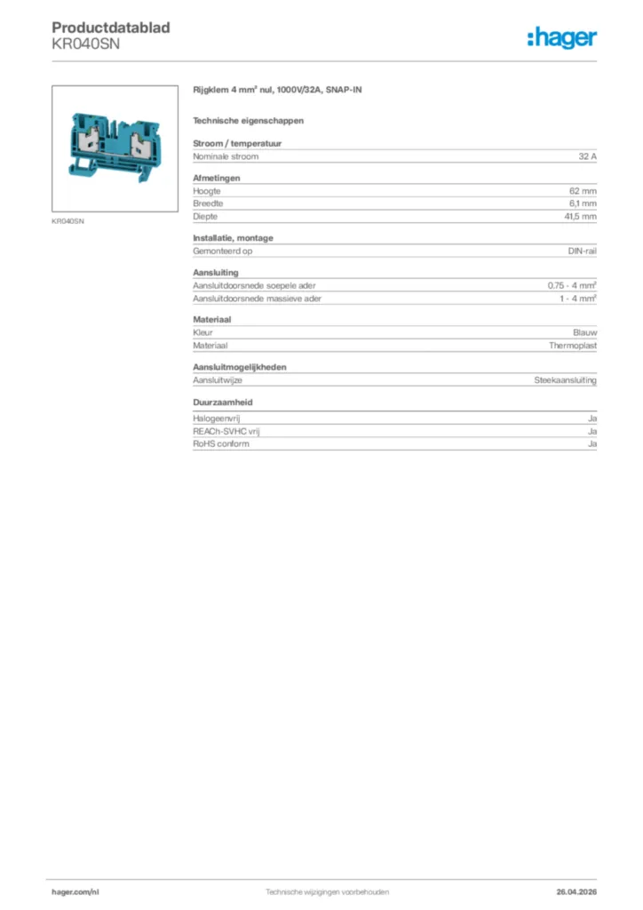 Afbeelding Hager Productdatablad KR040SN | Hager Nederland