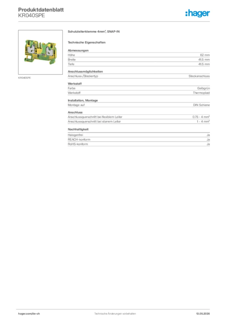 Bild Hager Produktdatenblatt KR040SPE | Hager Schweiz
