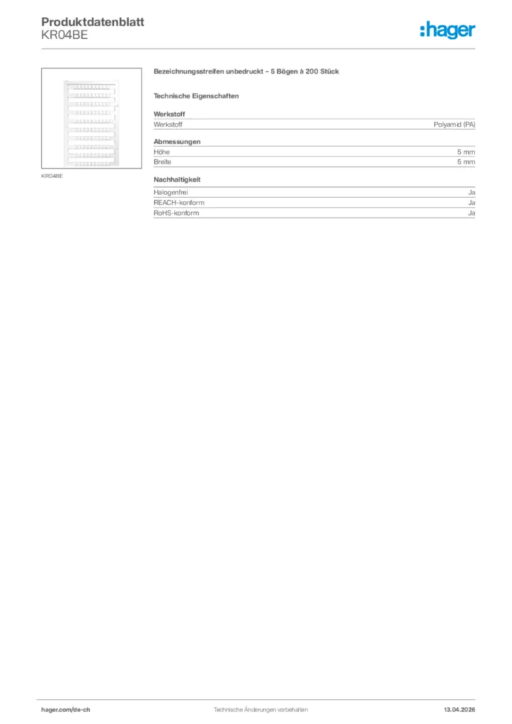 Bild Hager Produktdatenblatt KR04BE | Hager Schweiz