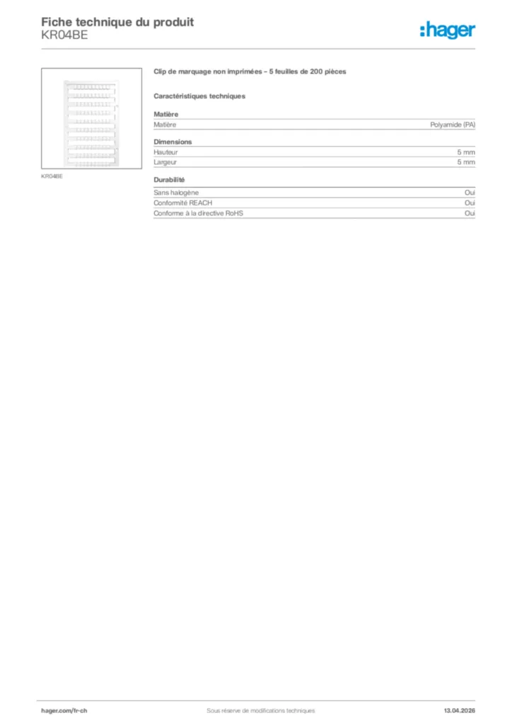 Image Hager Fiche technique du produit KR04BE | Hager Suisse