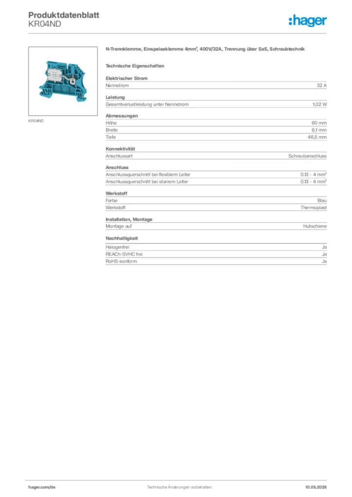 Bild Hager Produktdatenblatt KR04ND | Hager Deutschland