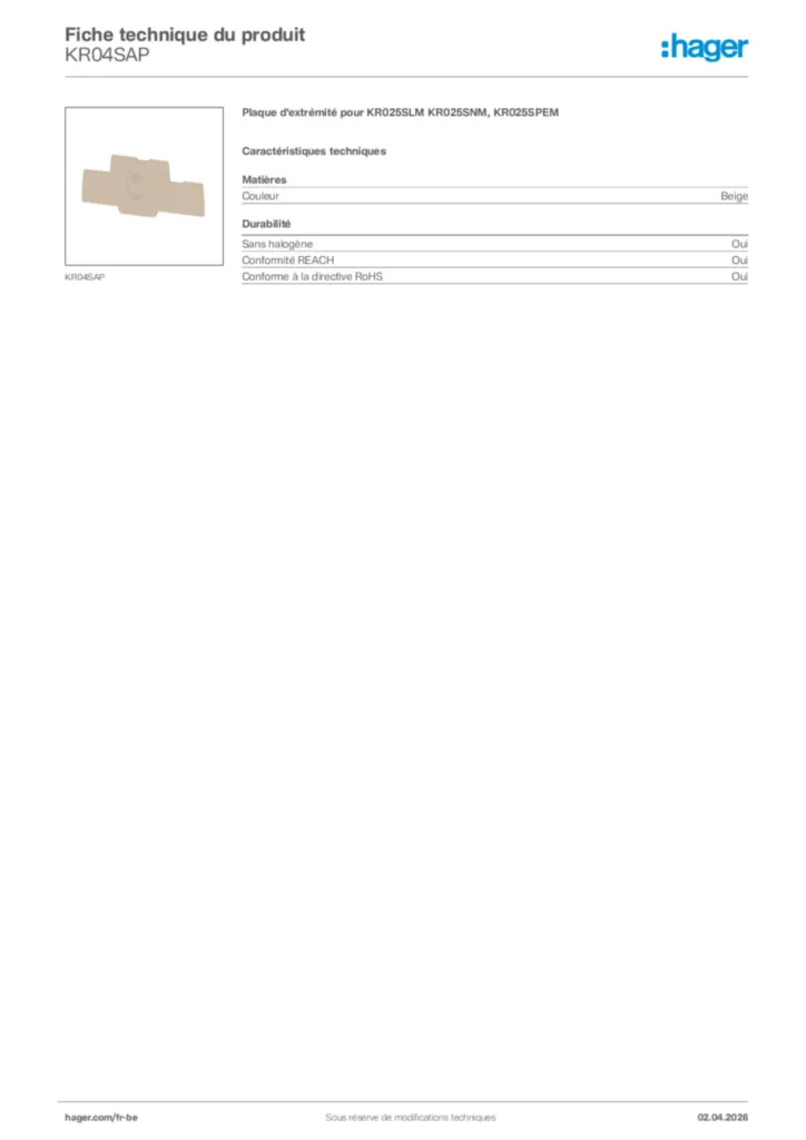 Image Hager Fiche technique du produit KR04SAP | Hager Belgique