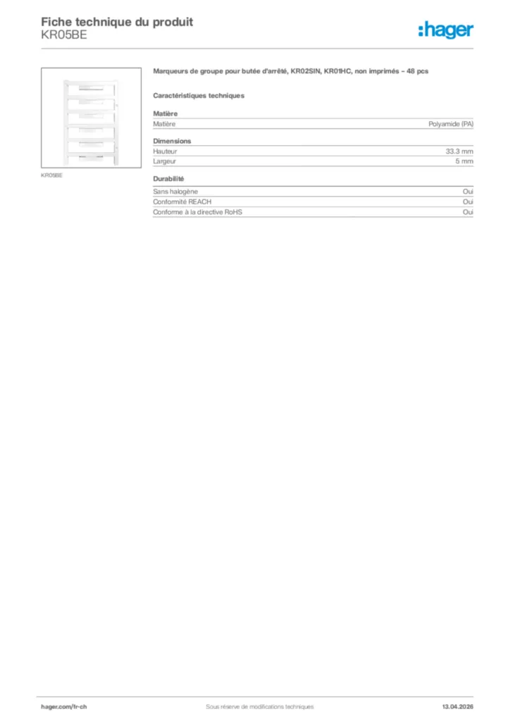 Image Hager Fiche technique du produit KR05BE | Hager Suisse