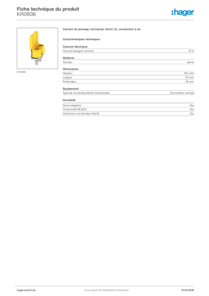 Image Hager Fiche technique du produit KR060B | Hager Belgique