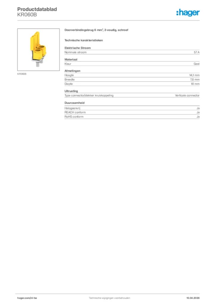 Afbeelding Hager Productdatablad KR060B | Hager Belgium