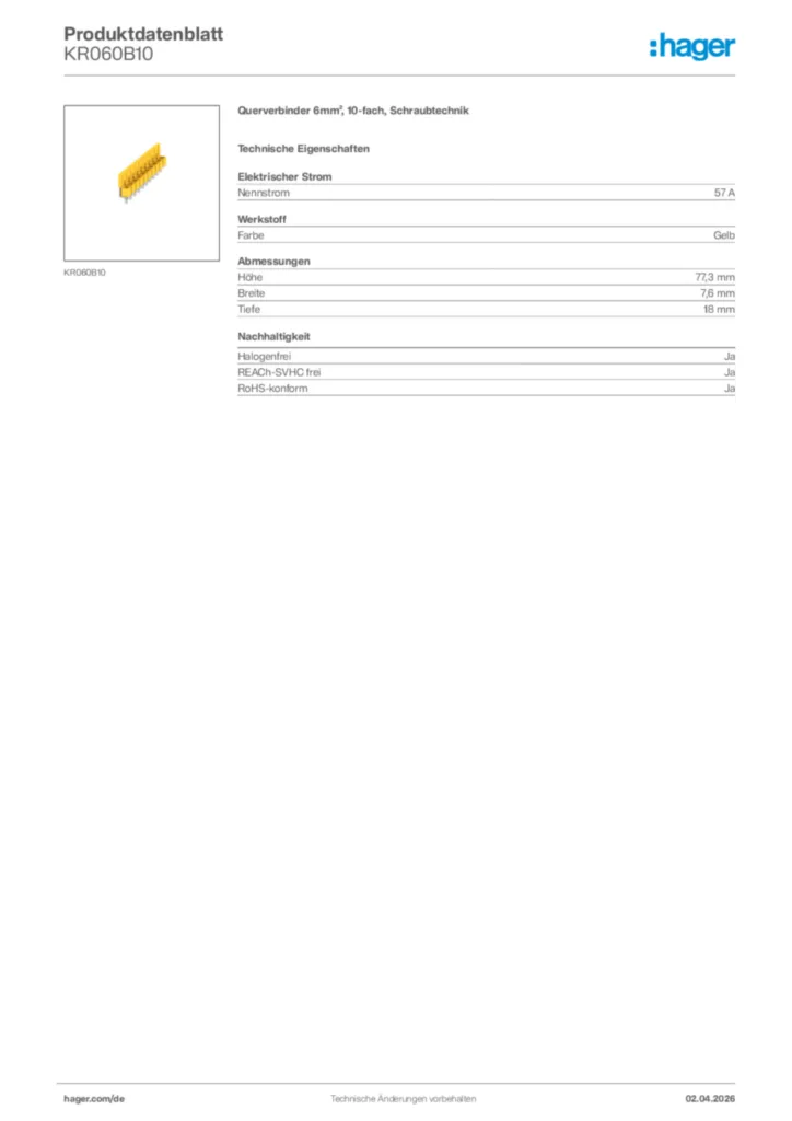 Bild Hager Produktdatenblatt KR060B10 | Hager Deutschland