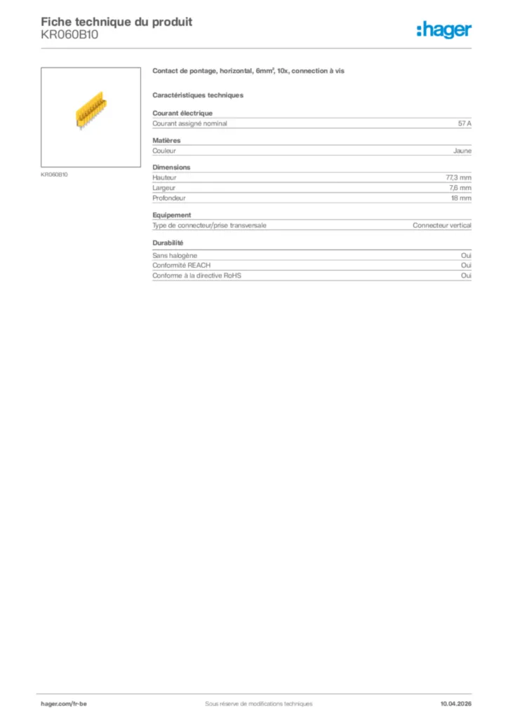 Image Hager Fiche technique du produit KR060B10 | Hager Belgique