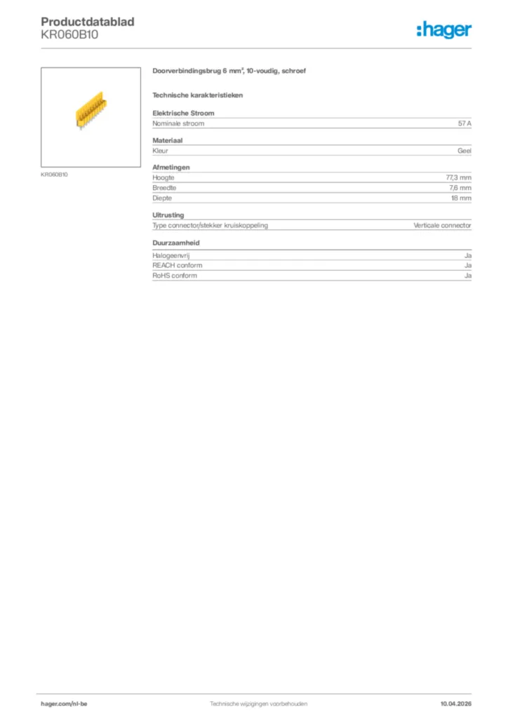 Afbeelding Hager Productdatablad KR060B10 | Hager Belgium