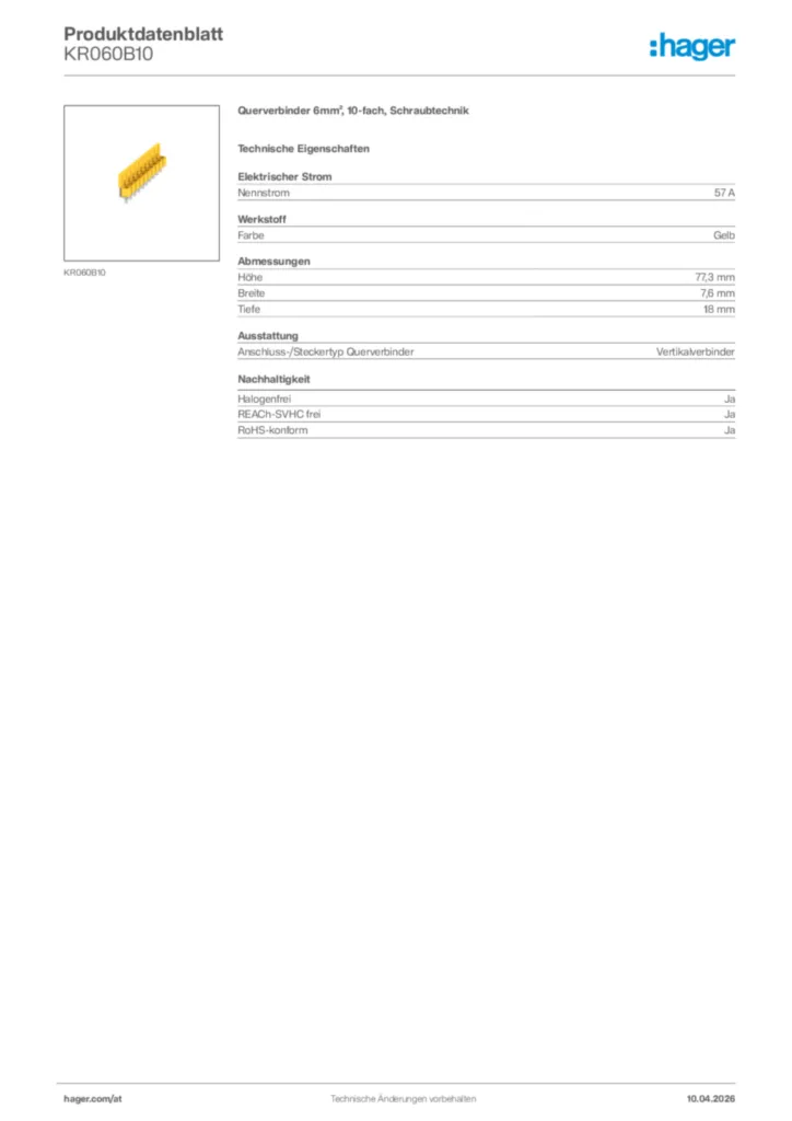 Bild Hager Produktdatenblatt KR060B10 | Hager Deutschland