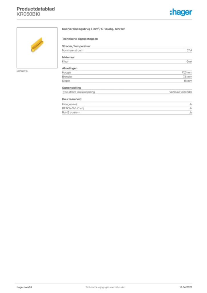 Afbeelding Hager Productdatablad KR060B10 | Hager Nederland