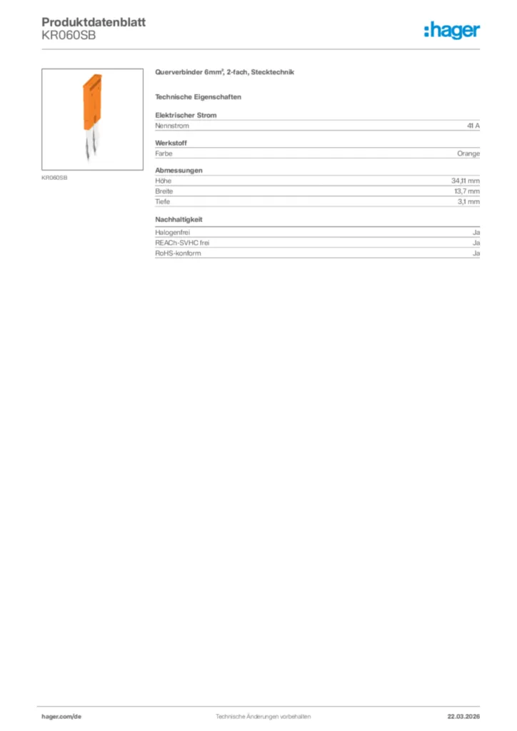Bild Hager Produktdatenblatt KR060SB | Hager Deutschland