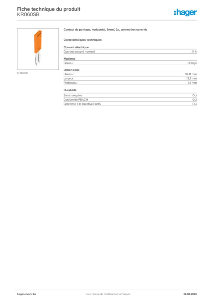 Image Hager Fiche technique du produit KR060SB | Hager Belgique