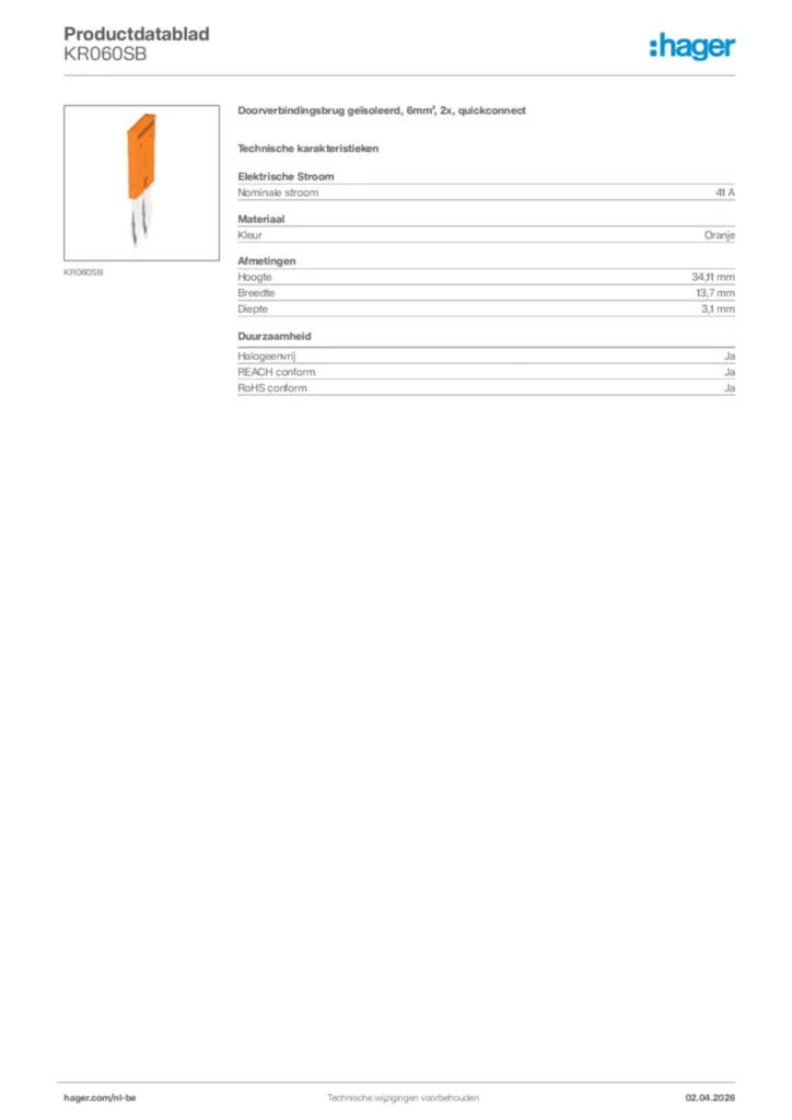 Afbeelding Hager Productdatablad KR060SB | Hager Belgium