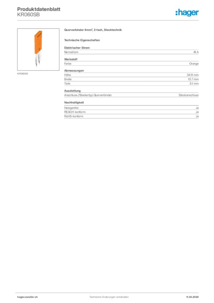Bild Hager Produktdatenblatt KR060SB | Hager Schweiz