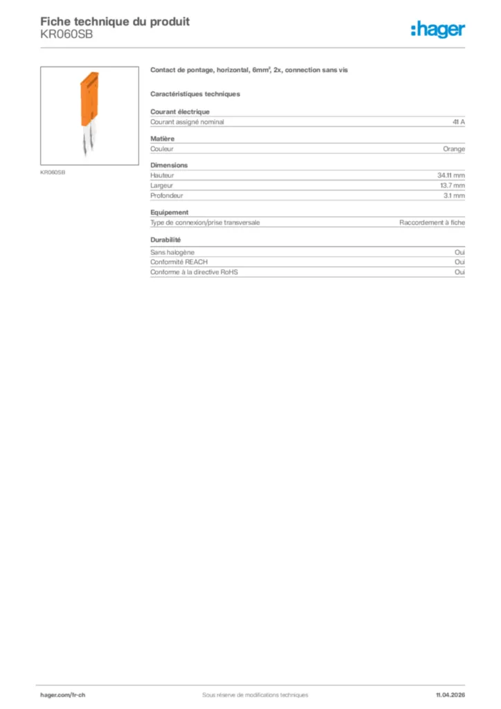 Image Hager Fiche technique du produit KR060SB | Hager Suisse