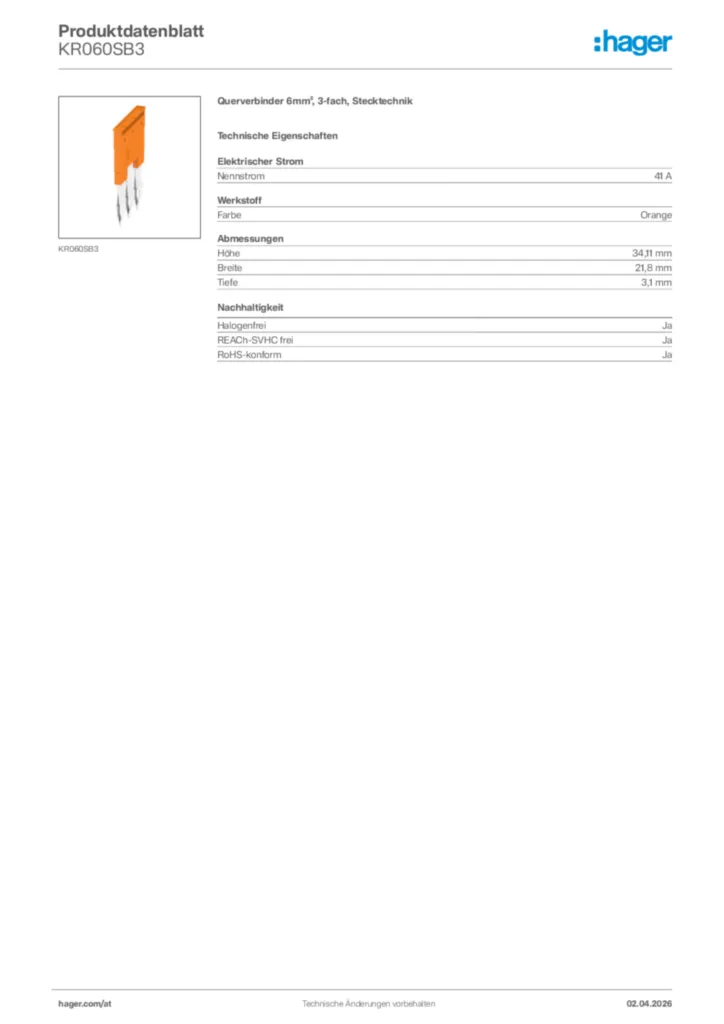 Bild Hager Produktdatenblatt KR060SB3 | Hager Deutschland
