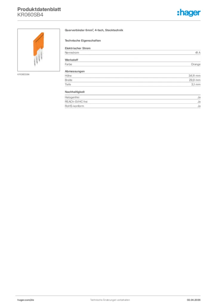 Bild Hager Produktdatenblatt KR060SB4 | Hager Deutschland