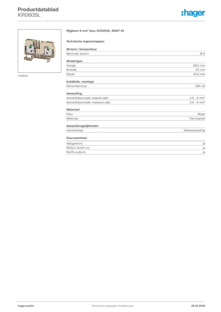 Afbeelding Hager Productdatablad KR060SL | Hager Nederland