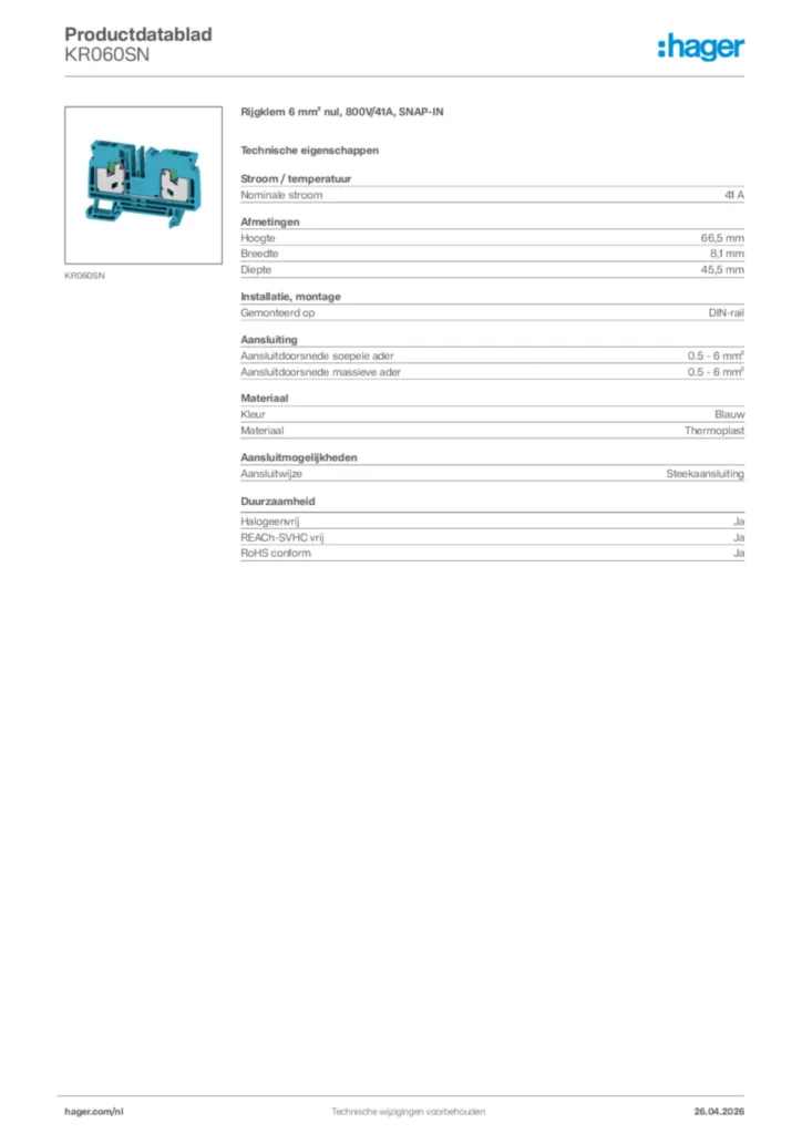 Afbeelding Hager Productdatablad KR060SN | Hager Nederland