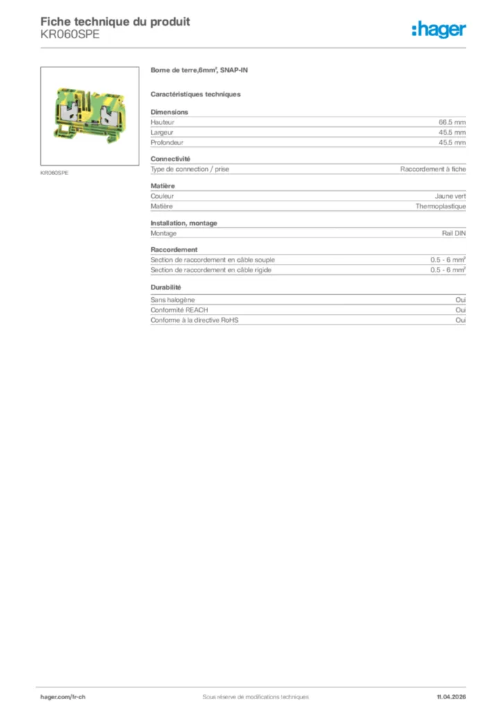 Image Hager Fiche technique du produit KR060SPE | Hager Suisse