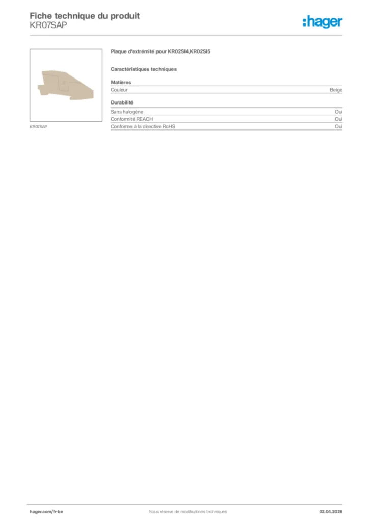 Image Hager Fiche technique du produit KR07SAP | Hager Belgique