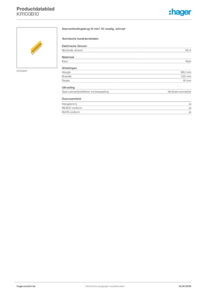 Afbeelding Hager Productdatablad KR100B10 | Hager Belgium