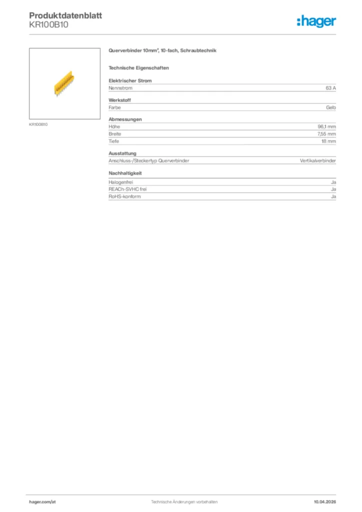 Bild Hager Produktdatenblatt KR100B10 | Hager Deutschland
