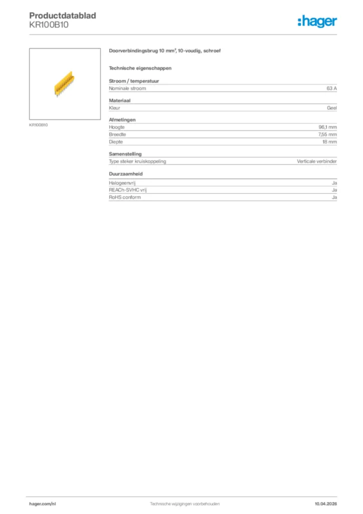 Afbeelding Hager Productdatablad KR100B10 | Hager Nederland