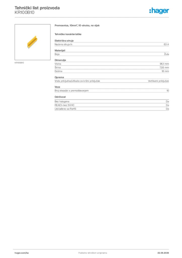 Slika Hager Tehnički list proizvoda KR100B10  | Hager