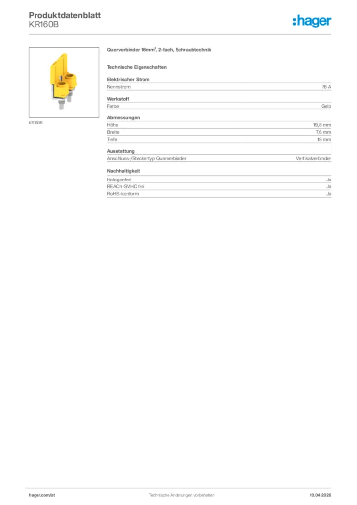 Bild Hager Produktdatenblatt KR160B | Hager Deutschland